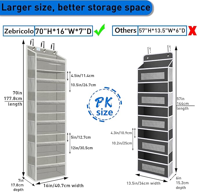 over the door organizer, Solid Bamboo Board (Not Plastic!) 6-Tier Heavy Duty 75LB, 12 Side Pockets, 3 Reinforced Hooks & Anti-Slip Pads, Waterproof & Washable, No Sagging, No Door Damage,Grey