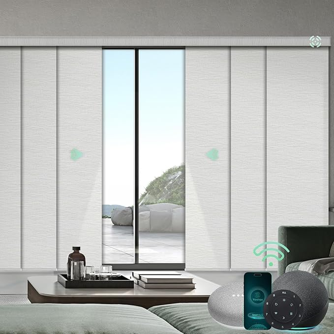 Yoolax Custom XL Smart Sliding Door Blinds, Motorized Sliding Panel Blinds Compatible with Alexa, Fabric Blackout Vertical Rechargeable Battery Shades for Glass Doors(Foggy Thread Gray)