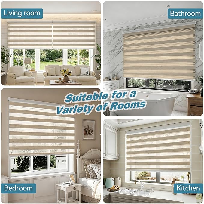 Interior Window Shades, Smart Dual Layer Light Filtering Blinds Compatible with Alexa & Google Home, Customized Size Cordless Electric Window Shades, (Linen Apricot, 55% Blackout)