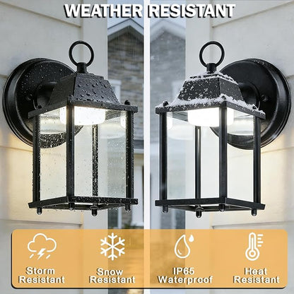 LIT-PaTH Outdoor LED Wall Lantern, Wall Sconce as Porch Lighting Fixture, 5000K Daylight White, 9.5W 800 Lumen, Aluminum Housing Plus Glass, Black Finish, 2-Pack