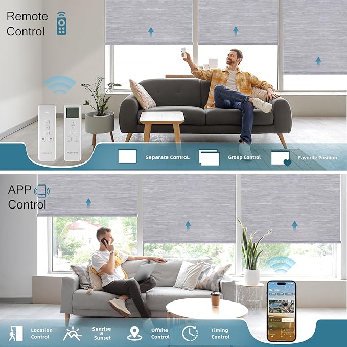Motorized Roller Shade,100% Blackout Smart Window Blinds Work with Homekit, Alexa, Google Home,Remote,Electric Blinds with USB/Solar Pannel Charging,Classic Grey
