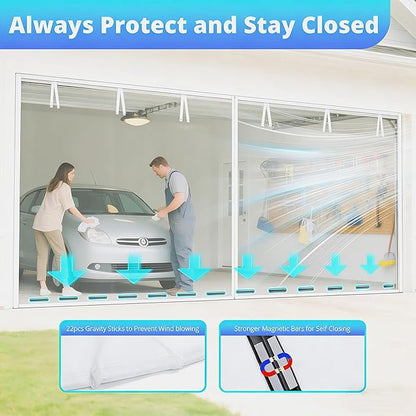 FEGO White Garage Door Screen for 1 Car 9x8FT, Magnetic Screen Doors with Retractable Fiberglass Mesh and Heavy Duty Weighted Bottom, Easy Assembly & Pass, Hands Free Screen Door for Entry Door