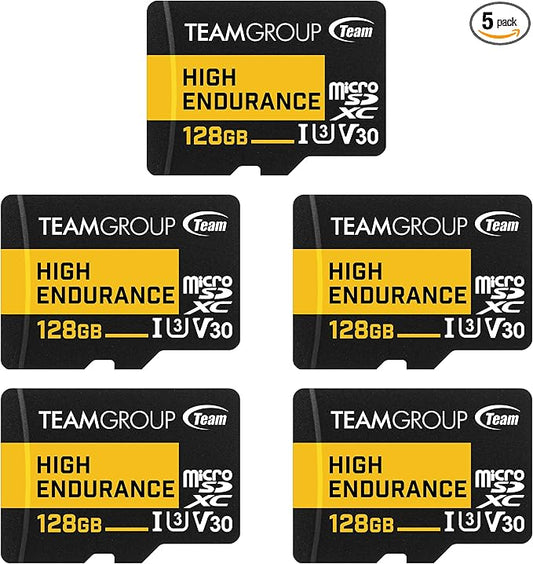 TEAMGROUP HIGH Endurance 128GB 5 Pack Micro SDXC UHS-I U3 V30 100MB/s Designed for Monitoring Stable Durable Long Lasting Flash Memory Card Security Camera 4K&Full HD Video Recording THUSDX128GIV3068