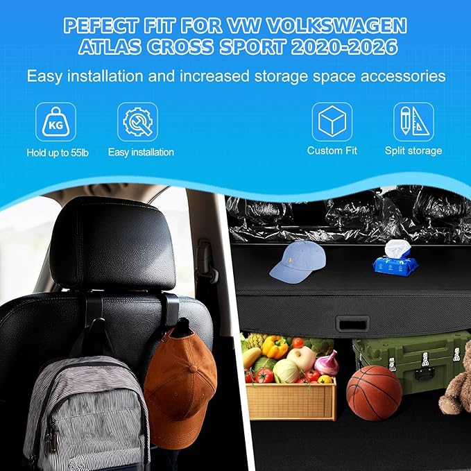 AUXKO Retractable Cargo Cover for Volkswagen Atlas Cross Sport 2026-2020, Waterproof Carbon Fiber Security Shade Cover for 2025 2026 VW Atlas Cross Sport Shielding Anti-Peeping Luggage Privacy Cover