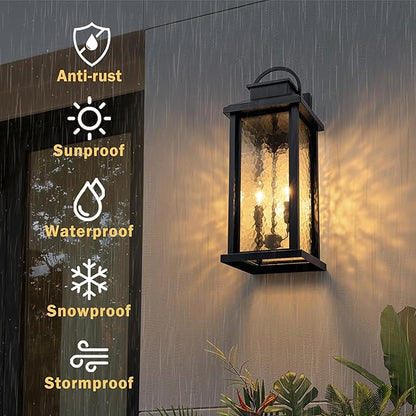 20 Inch Large Outdoor Light Fixture, 2-Light Porch Lights Outdoor Wall Lights with Water Glass, Matte Black Waterproof Exterior Lighting Fixtures Outside Lights for House