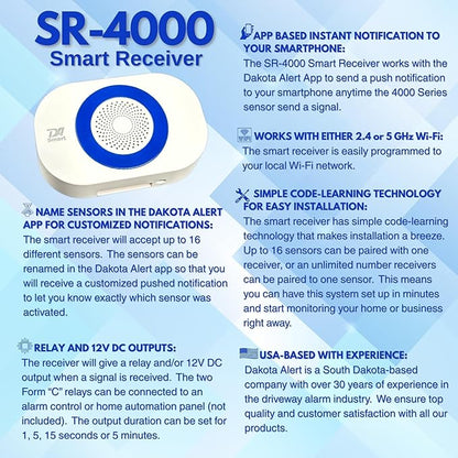 Dakota Alert SR-4000 Smart Receiver – Wi-Fi Wireless Alarm Receiver with Smartphone App Alerts, Works with Dakota Alert 4000 Series Sensors, 1-Mile Range System, 2.4 & 5 GHz WiFi, Relay & 12V Outputs