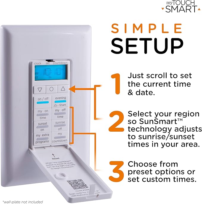 myTouchSmart 33861 LE One in-Wall Digital Timer, Push Door Switch, Backlit LED Screen, 8 Custom On/Off Times, Countdown Mode, Daily/Weekly Set, Off & Countdown