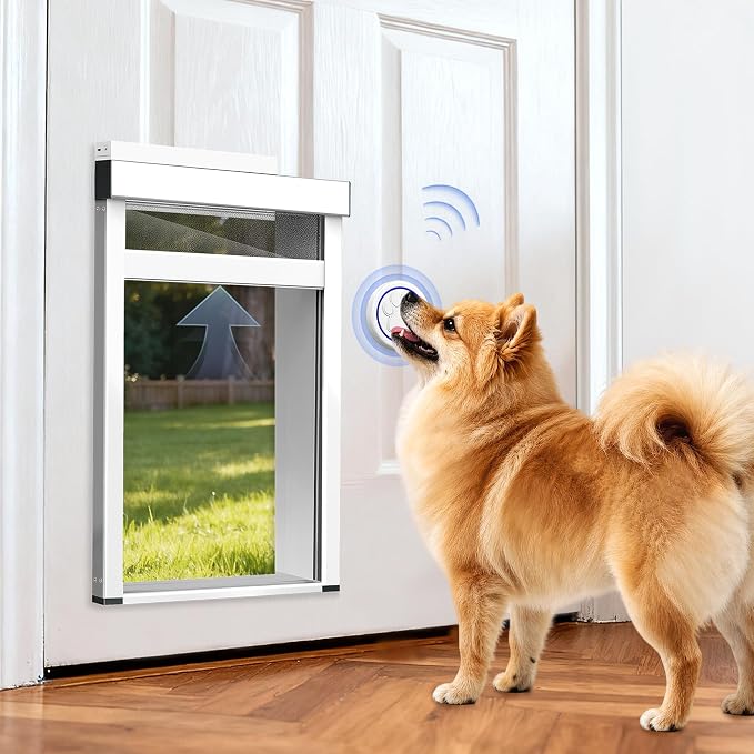 Automatic Dog Door with Doorbell Activation, 2-Flap Electronic Smart Pet Door with Anti-Pinch, No Collar Needed, Aluminum Lockable Weatherproof Telescoping Tunnel for Pets (Small, Door Mount)
