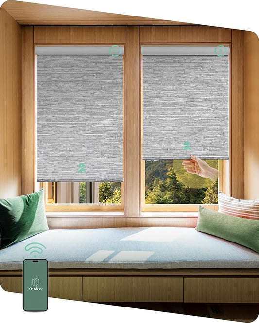 Yoolax Motorized Shades Dual Control, MotionFlex Motorized Roller Shades with App & Manual Control, Pull Down Automatic Shades for Indoor Windows, Custom Size(Blackout Foggy Gray)
