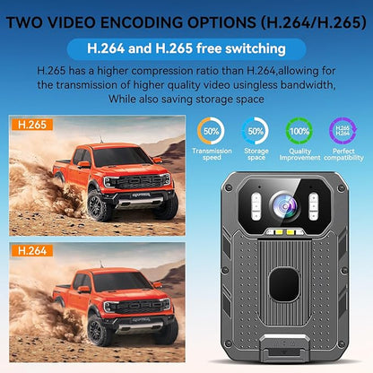 4K Body Camera, 64GB Body Cam with Two 2350mAh Batteries Work 13-15H, H.265 Video Code, Body Camera with Audio and Video Recording for Police Hiking Security Patrol
