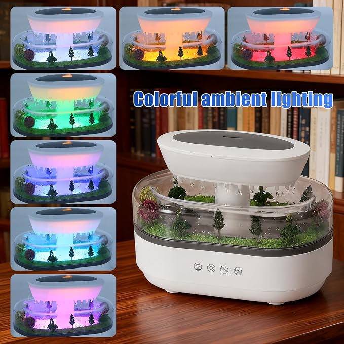 Rain Cloud Humidifier Diffuser with Natural Rain Sounds Ocean Waves Crackling Fire 7 Color Night Light 250mL Large Tank Quiet Operation 4-8 Hour Timer Auto Shut Off for Bedroom Sleep Office Relaxation