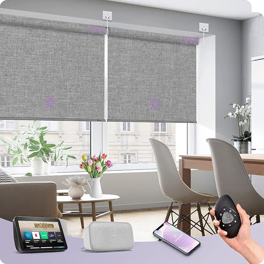 Graywind Motorized Shades 100% Blackout Work with Alexa Google WiFi Smart Hardwired Window Shade Remote Control Thermal Insulated Electric Blinds, Customized Size (Light Gray)