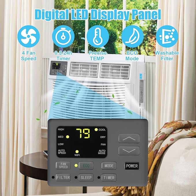 12000 BTU Window Air Conditioner, Smart WiFi AC Unit with Remote & App Control, Heavy Duty Cooling for Large Rooms up to 550 Sq. Ft., Energy Saving Mode, 4-Way Air Direction, White