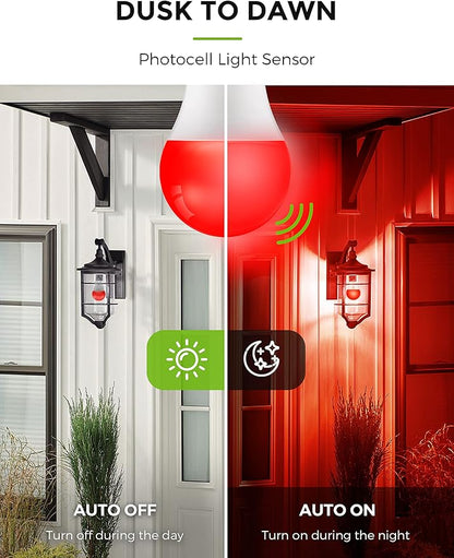 L LOHAS LED Red Light Bulbs Outdoor, Dusk to Dawn Sensor A19 Porch Lights 40W Equivalent, 6W Colored Bulb, Auto-On/Off E26 Base for Christmas, Party, Wedding, Patio, Backyard - 4 Pack