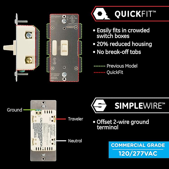 Enbrighten Add QuickFit and SimpleWire, Z-Wave/Zigbee Smart Controls, Compatible with Alexa, Google Assistant, NOT A STANDALONE Switch, Light Almond Toggle, 12732, White