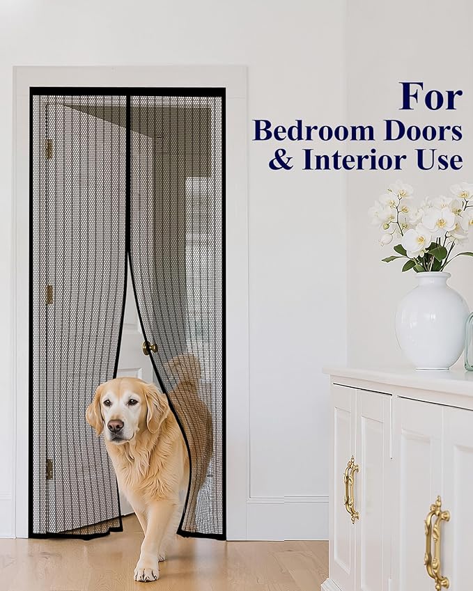 Kitsure Magnetic Screen Door - 38.0 x 82.0 in Retractable Screen Door Mesh for Front Door or Sliding Door, Pet & Kid Friendly, Hands-Free Closure Keeps Bugs Out & Lets Breeze in, Stripe Black