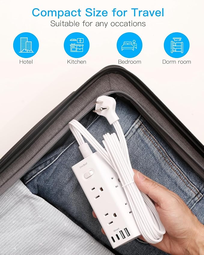 15Ft Extension Cord with Multiple Outlets, Flat Plug Power Strip Surge Protector with 15 Ft Long Cord, 6 Outlet 3 USB Ports (2 USB C), Multi Outlet Wall Plug for Travel, College, Dorm Room Essentials