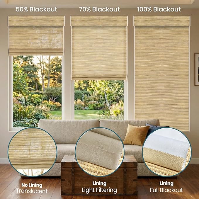Motorized Roman Woven Woods Shades 100% Blackout Work with HomeKit, Alexa,Google, Remote Control Natural Bamboo Blinds Electric Roman Blinds Custom Size,Crocheting Yellow