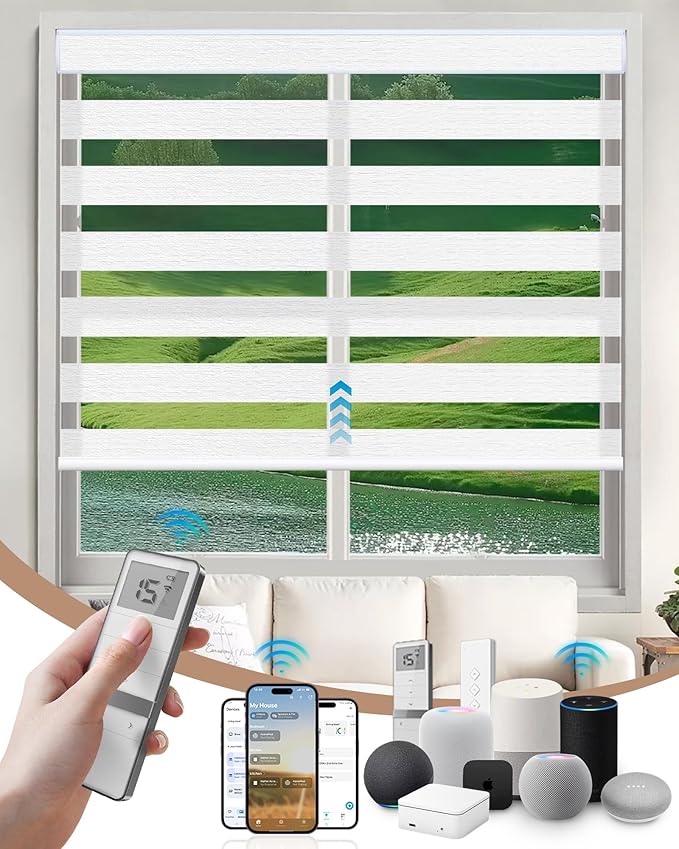 Kincmo Motorized Blinds with Remote, Motorized Zebra Shades Work with Apple Homekit,Alexa,Google Home, Customized Electric Blinds with Remote,App,Voice Control (70% Blackout Galaxy Ivory White)