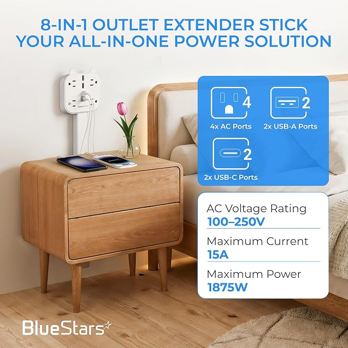 Electrical Outlet Extender Stick, 360° Rotating Wall Outlet Expander with 4 AC Outlets, USB-C PD 20W Fast Charging, 2 USB-A & 2 USB-C Ports, 18"-27" Adjustable Power Strip for Hard-to-Reach Outlets