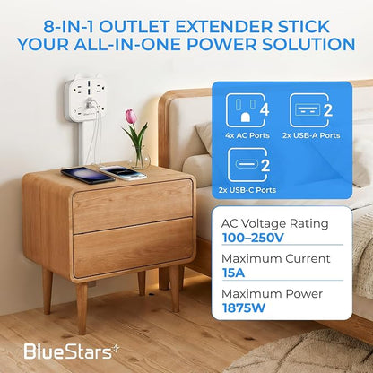 Electrical Outlet Extender Stick, 360° Rotating Wall Outlet Expander with 4 AC Outlets, USB-C PD 20W Fast Charging, 2 USB-A & 2 USB-C Ports, 18"-27" Adjustable Power Strip for Hard-to-Reach Outlets