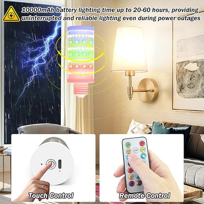 Battery Operated Light Bulb With Remote Control, 2 Pack Rechargeable Light Bulbs 360° lighting For Non-Hardwired Lamp, 10000mAh RGB Dimmable Bulbs Lighting Time Up To 60 Hrs for Home Power Outage