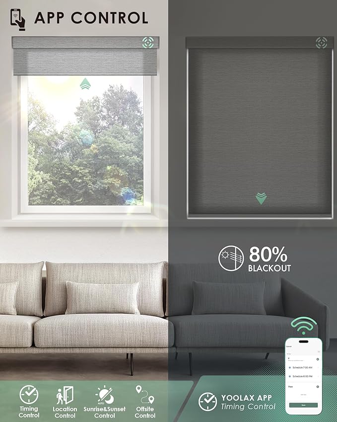Yoolax Motorized Blinds with Remote, Room Darkening Smart Blinds Work with Alexa, Google, Automatic Roller Shades for Windows, Custom Electric Shades for Living Room Office (Shiny Grey)