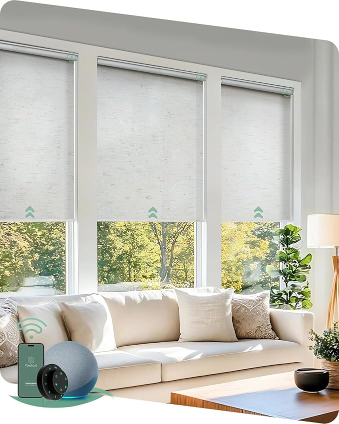 Yoolax Motorized Blinds with Remote, Flame Resistat mart Roller Shades Work with Alexa, Google, Apple Homekit, Custom Automatic Shades with Voice Control for Living Room (5% Openness Starry White)