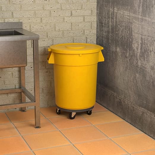 32 Gallon Yellow Round Commercial Trash Can with Lid and Dolly, Heavy-Duty Food Grade NSF Certified, Perfect for Restaurant, Office, School, Garage, Backyard, Workshop, Warehouse