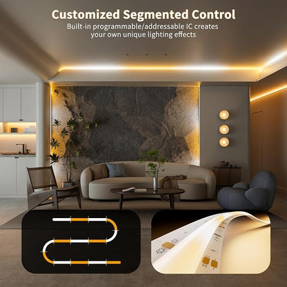 PAUTIX COB LED Strip Lights Addressable 2700K-6500K Chasing White Light CCT Smart IC Tunable Tape Lights 16.4ft Super Bright Dimmable,Alexa Voice Control,for Under Cabinet Bedroom Kitchen DIY Lighting