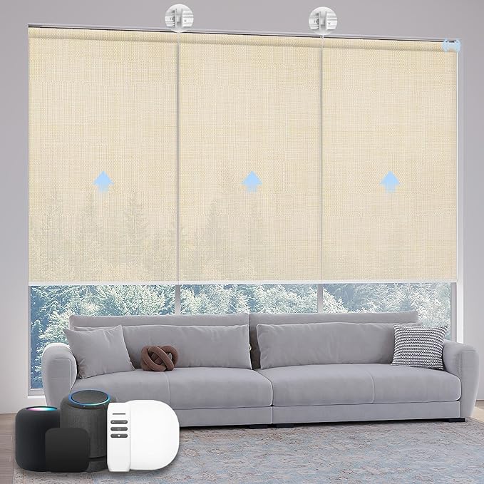 Motorized Coupled Shades, Light Filtering Smart Blinds for Large Windows Automatic Blinds Compatible with Alexa, Electric Roller Shades Customized for Living Room Home Office(Light Coffe)