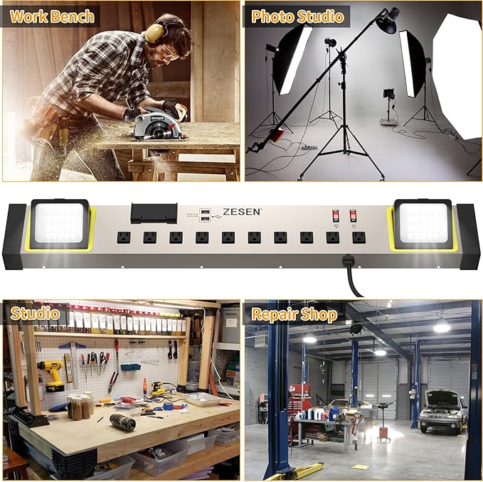 ZESEN 10-Outlet Power Strip with LED Worklight Surge Protector 4ft Cord with Dual Smart USB, Workshop/Garage/Office/Home, ETL Listed