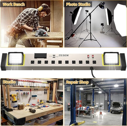 ZESEN 10-Outlet Power Strip with LED Worklight Surge Protector 4ft Cord with Dual Smart USB, Workshop/Garage/Office/Home, ETL Listed
