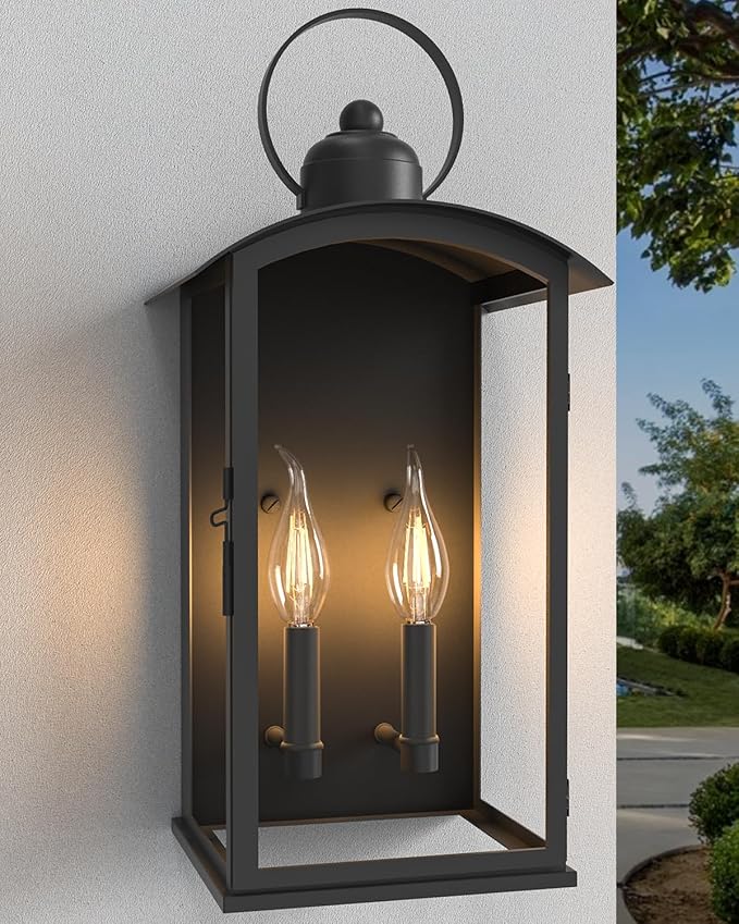 19.7-INCH Outdoor Wall Light Fixtures, Dusk to Dawn Exterior Lanterns Waterproof, Large Porch Sconces Wall Mounted Lighting, Modern Matte Black Front Open Window Wall Lamps for Patio