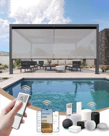 Kincmo Motorized Outdoor Shades for Patio Porch, Custom Outdoor Motorized Blinds with Remote, Waterproof & Windproof Patio Shades Work with Apple Homekit,Alexa,Google (3% Openness White Grey)