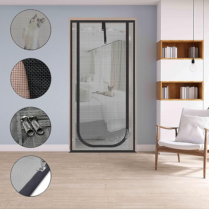 Upgraded Pet Screen Door,Fits Door Opening Size 34''x 83'',Thickened Cat Resistant Mesh Screen Door for Living Room,Kitchen,Bedroom,Cat Proof Screen with Zipper Closure.(U-Type,Black)