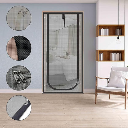 Upgraded Pet Screen Door,Fits Door Opening Size 34''x 83'',Thickened Cat Resistant Mesh Screen Door for Living Room,Kitchen,Bedroom,Cat Proof Screen with Zipper Closure.(U-Type,Black)