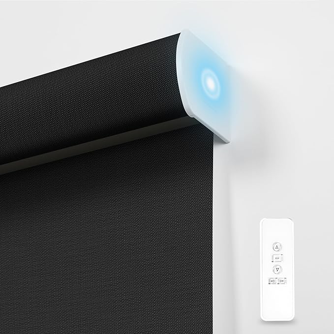 BERISSA Motorized Blinds with Remote,Blackout Smart Blinds for Windows,Linen Fabric,Remote Control,Thermal Insulated Automatic Blinds,Electric Blinds with USB/Solar Pannel.Linen Black