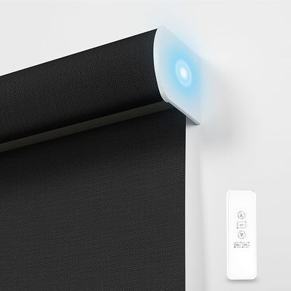 BERISSA Motorized Blinds with Remote,Blackout Smart Blinds for Windows,Linen Fabric,Remote Control,Thermal Insulated Automatic Blinds,Electric Blinds with USB/Solar Pannel.Linen Black