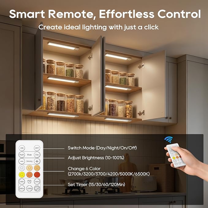 14.7 Inch Under Cabinet Lighting, 6 Color Temps Motion Sensor Light Indoor, LED Power Display Rechargeable Battery Operated Closet Light with Remote, Dimmable Under Counter Lights for Kitchen-2 Pack