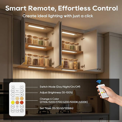 14.7 Inch Under Cabinet Lighting, 6 Color Temps Motion Sensor Light Indoor, LED Power Display Rechargeable Battery Operated Closet Light with Remote, Dimmable Under Counter Lights for Kitchen-2 Pack