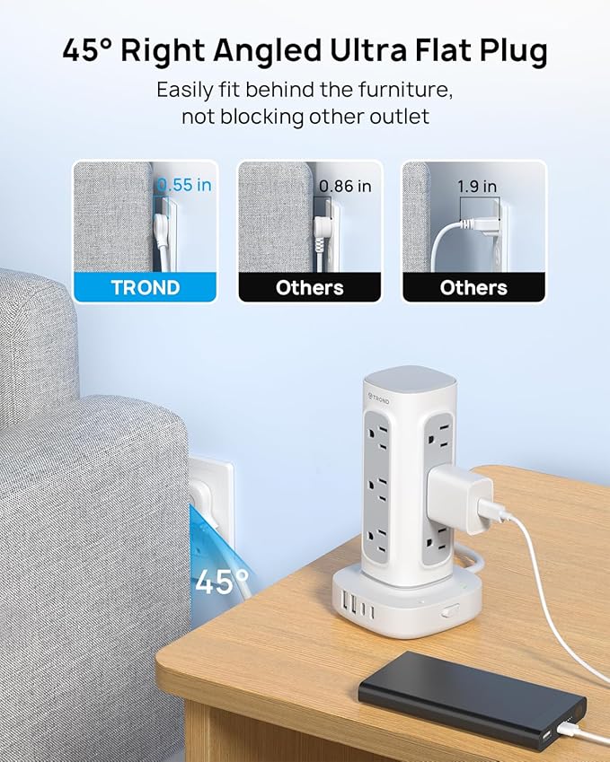 TROND Surge Protector Power Strip Tower - 10ft Flat Plug Extension Cord with Multiple Outlets, 4 USB Ports, Vertical Charging Station, 1700 J, Home Office Desk Supplies, Dorm Room Essentials, White
