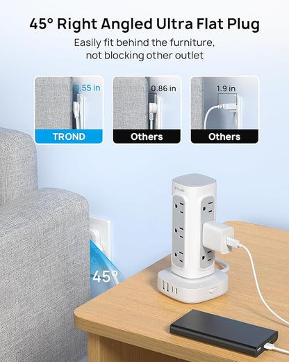 TROND Surge Protector Power Strip Tower - 15ft Flat Plug Extension Cord with Multiple Outlets, 4 USB Ports, Vertical Charging Station, 1700 J, Home Office Desk Supplies, Dorm Room Essentials, White
