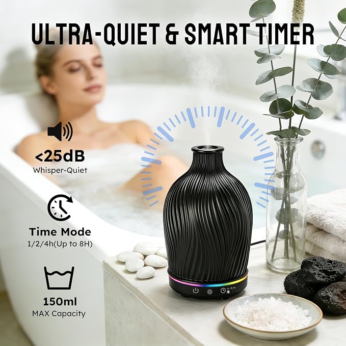 Essential Oil Diffuser 150ml,Resin Diffuser Ultrasonic Aromatherapy Humidifier with 1/2/4H Timer, 7 Color Lights, Auto Shut-Off, Whisper-Quiet for Home Bedroom Office(Black)
