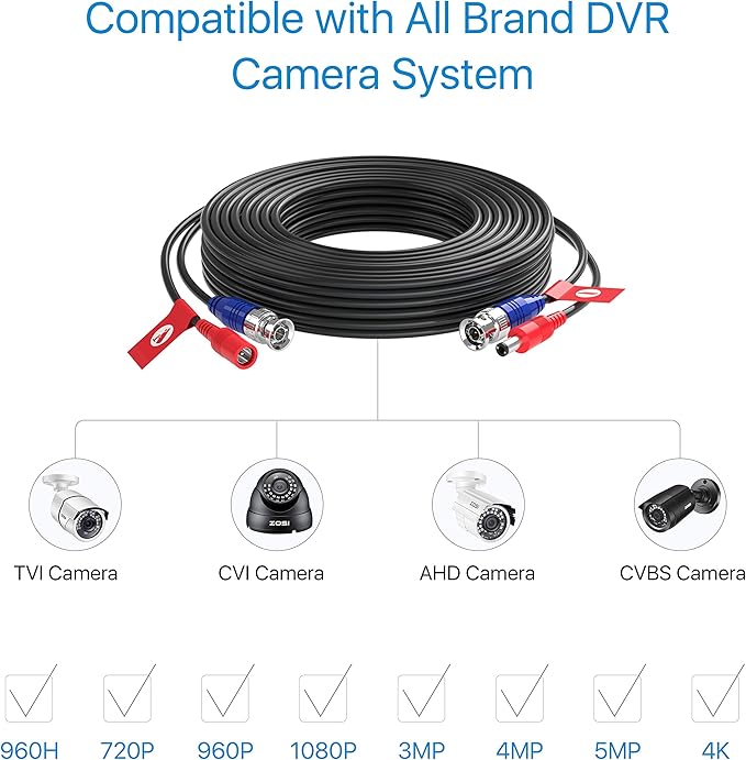 ZOSI 2 Pack 33ft (10 Meters) All-in-one Video Power Cable,BNC Extension Surveillance Camera Cables for CCTV Video Security DVR Systems (Included 2X BNC Connectors and 2X RCA Adapters)