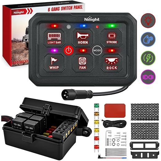Nilight 6 Gang Switch Panel Green 12V 60A Circuit Control System 4-Mode | Fuse Wiring Harness Automatic Dimmable LED Pod Toggle/Momentary/Strobe/Flash Modes for Car Pickup Truck Camper SUV