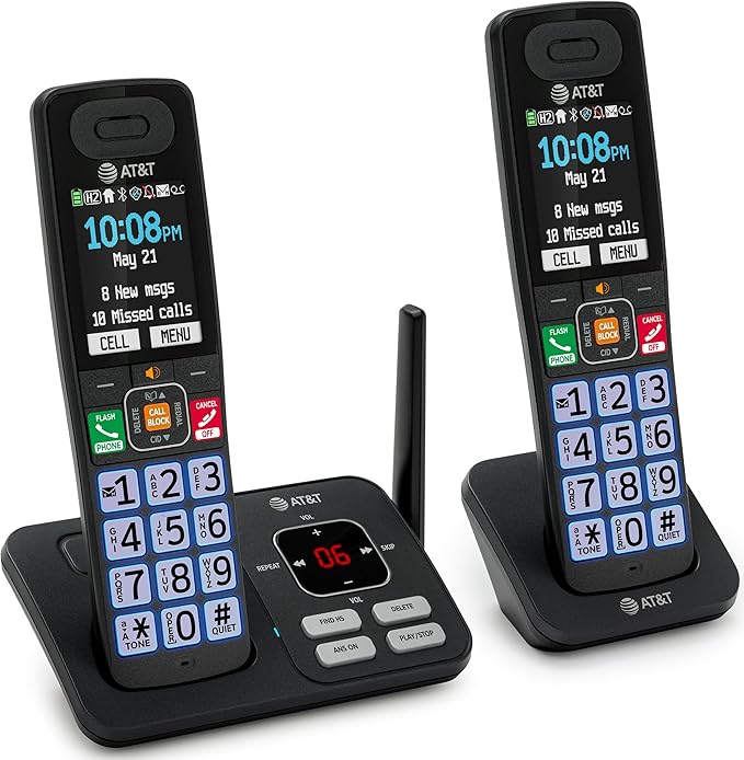 AT&T Cordless Phone, Landline Phones for Home with Smart Call Blocker, 2 Handsets Bluetooth Phone, Large Color Display, Big Buttons, Long Range, Digital Answering System: BL108-2 (Charcoal & Silver)