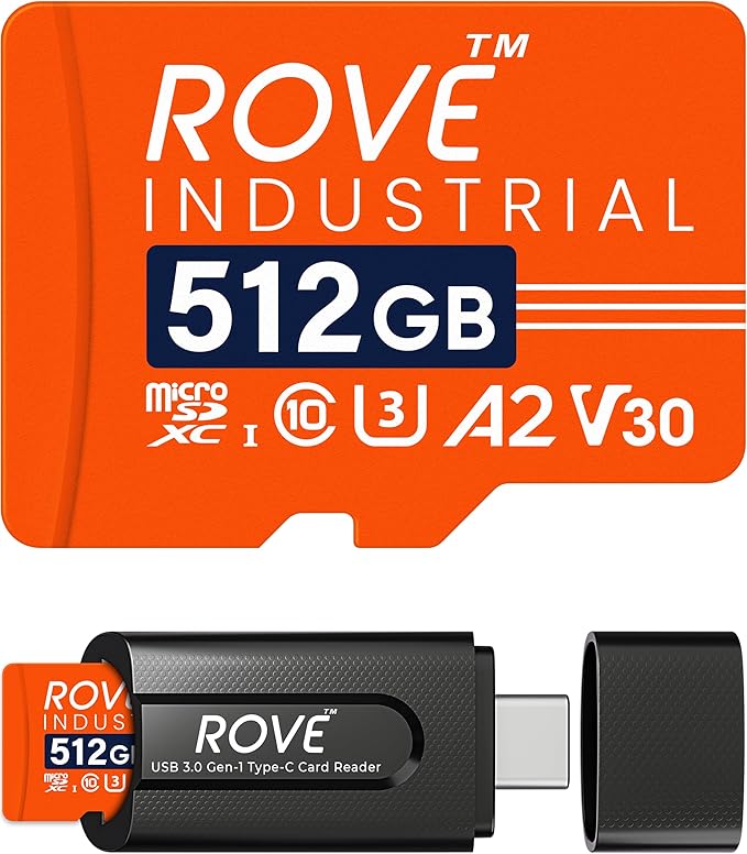 ROVE Industrial 512GB Micro SD Card with USB 3.0 Type C Card Reader, High Endurance microSDXC Memory Card 100MB/s Read Speed, C10, U3, V30, 4K, A2 for Dash Cam, Android Smart Phones, Tablets, Games