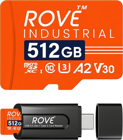 ROVE Industrial 512GB Micro SD Card with USB 3.0 Type C Card Reader, High Endurance microSDXC Memory Card 100MB/s Read Speed, C10, U3, V30, 4K, A2 for Dash Cam, Android Smart Phones, Tablets, Games