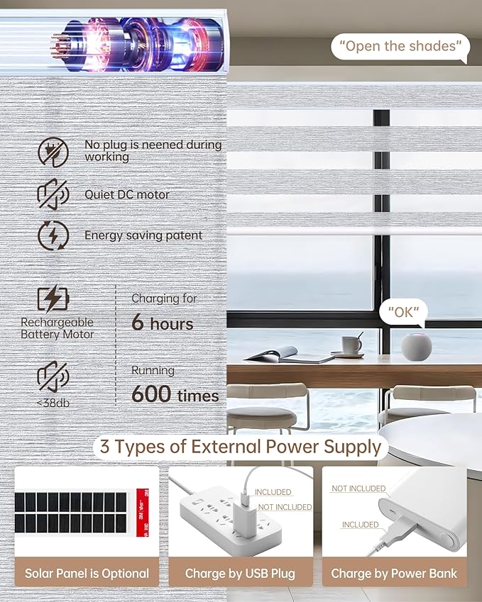 Kincmo Motorized Blinds with Remote, Motorized Zebra Shades Work with Apple Homekit,Alexa,Google Home, Customized Electric Blinds with Remote,App,Voice Control (60% Blackout Monet Grey)